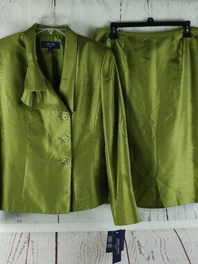 Jones Wear Size 10 Olive Green Shimmer Wrap Shawl Lined 2pc Skirt Suit NWT $160